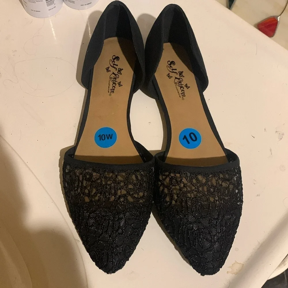 Self Esteem Black Flats with Black Netting